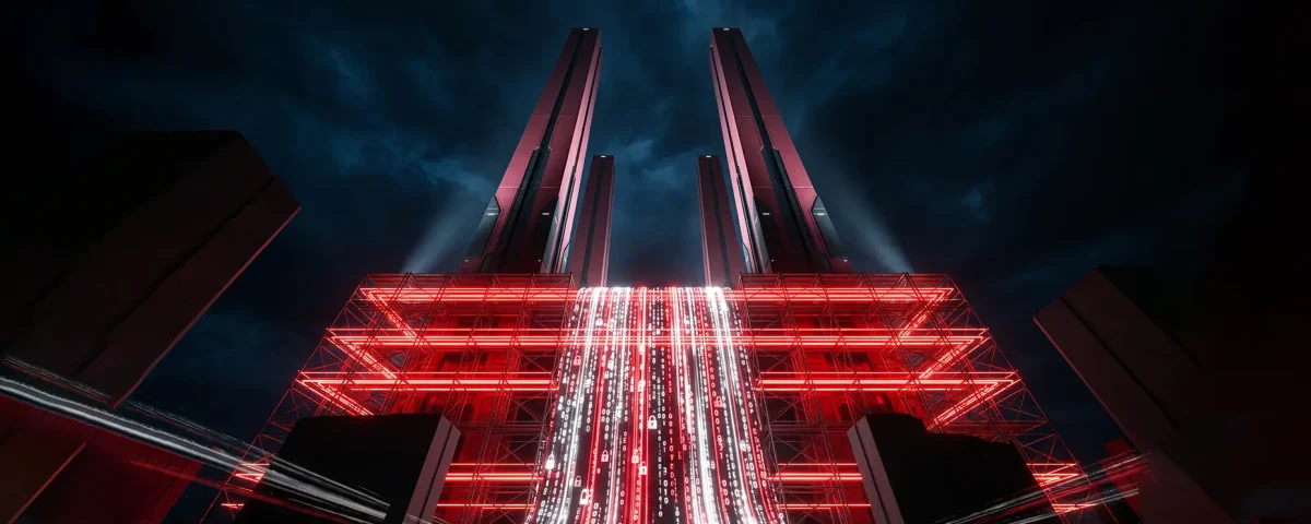 Digital image of a futuristic red and black architectural structure at night, featuring tall towers and a central waterfall of glowing binary code, interspersed with small white padlock icons.