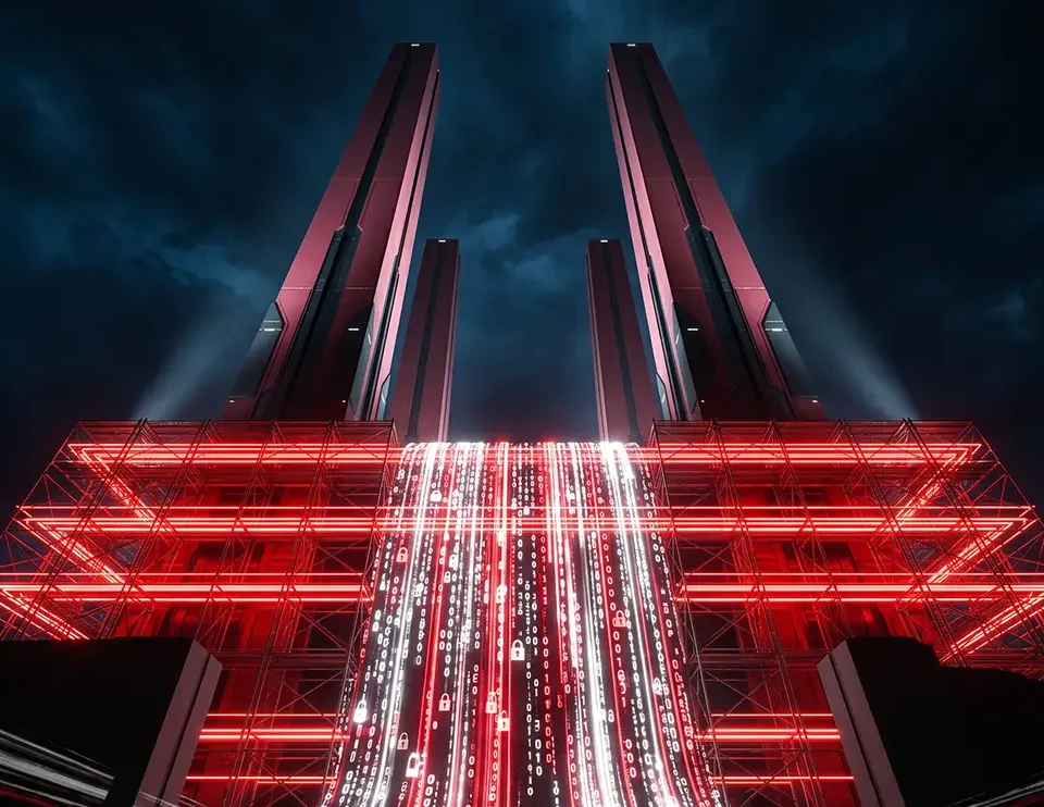 Digital image of a futuristic red and black architectural structure at night, featuring tall towers and a central waterfall of glowing binary code, interspersed with small white padlock icons.