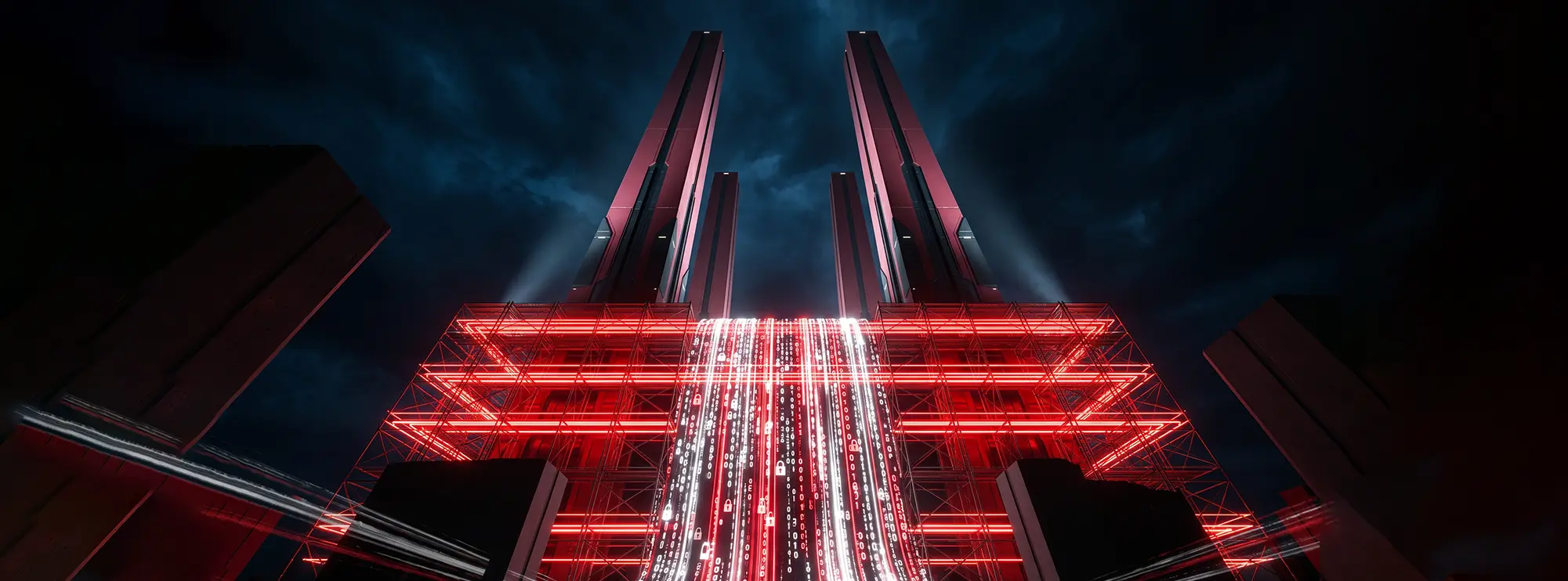 Digital image of a futuristic red and black architectural structure at night, featuring tall towers and a central waterfall of glowing binary code, interspersed with small white padlock icons.
