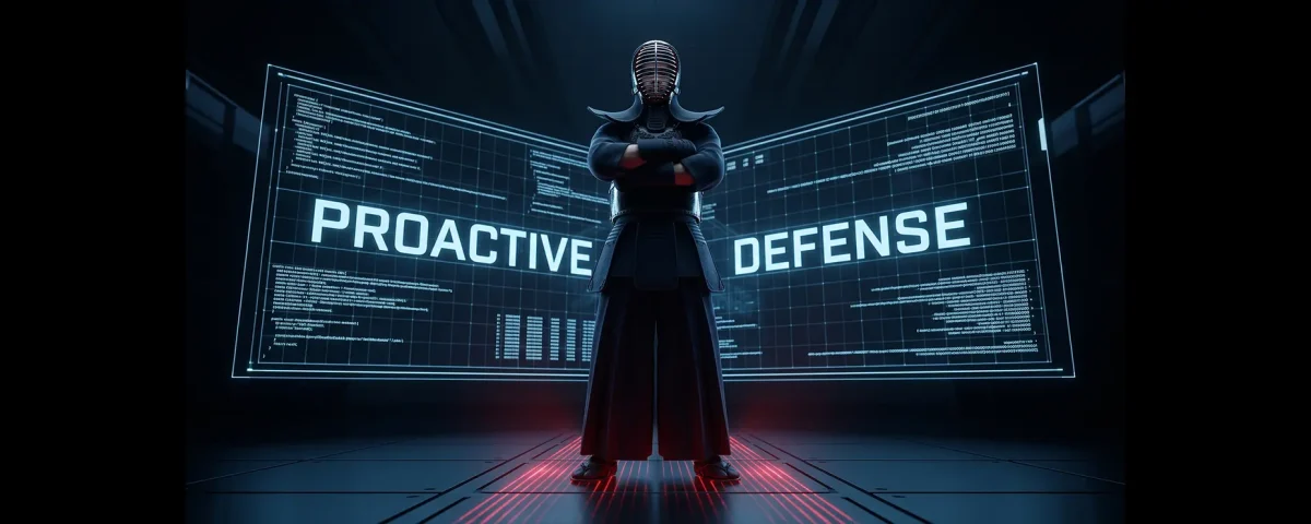 A person wearing dark traditional Kendo armor stands with arms crossed in a futuristic room, backed by large glowing digital screens displaying code and the words "PROACTIVE DEFENSE".