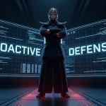 A person wearing dark traditional Kendo armor stands with arms crossed in a futuristic room, backed by large glowing digital screens displaying code and the words "PROACTIVE DEFENSE".