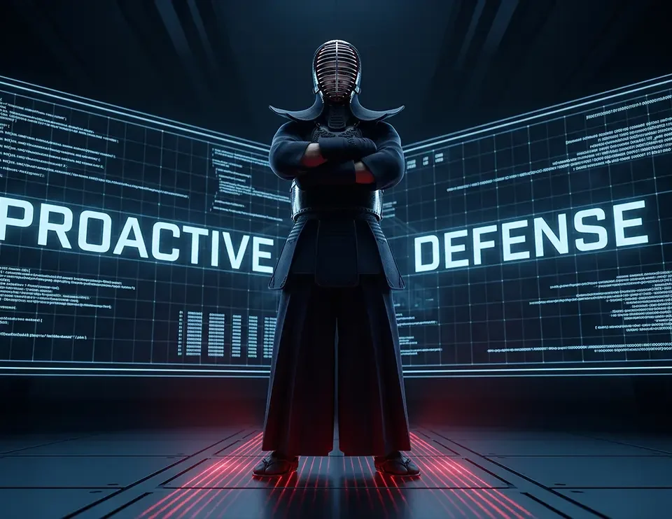 A person wearing dark traditional Kendo armor stands with arms crossed in a futuristic room, backed by large glowing digital screens displaying code and the words "PROACTIVE DEFENSE".