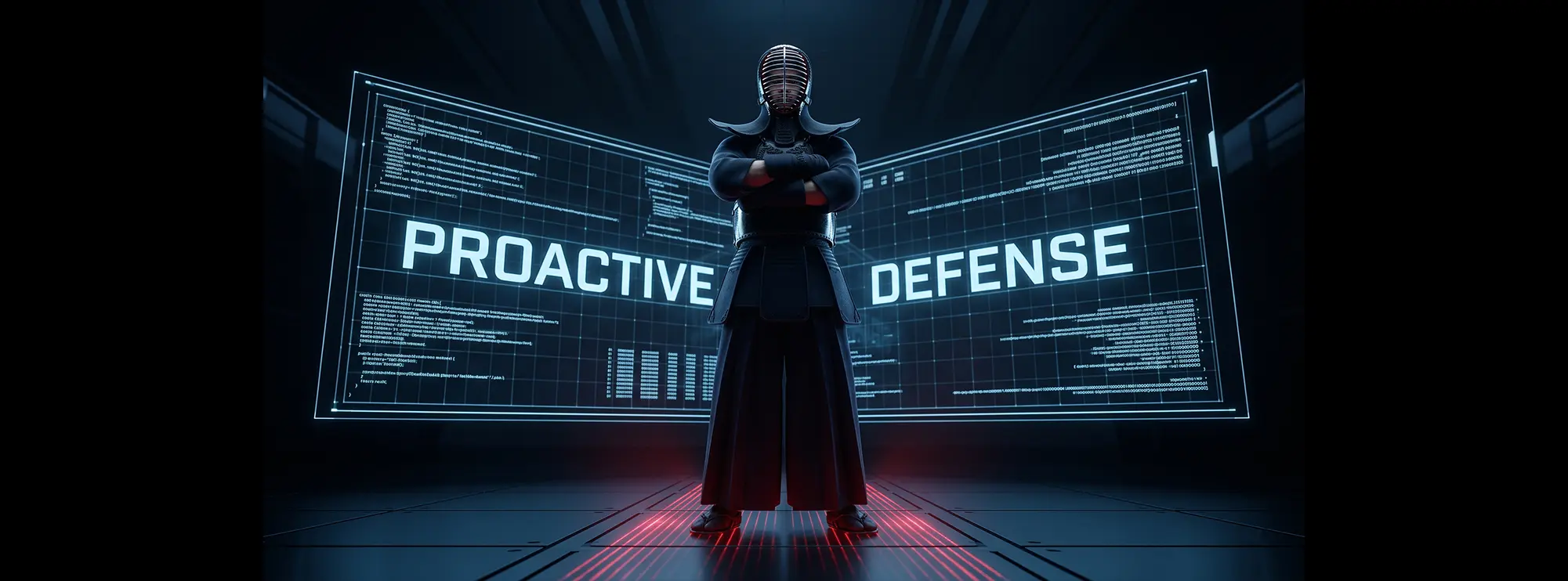 A person wearing dark traditional Kendo armor stands with arms crossed in a futuristic room, backed by large glowing digital screens displaying code and the words "PROACTIVE DEFENSE".