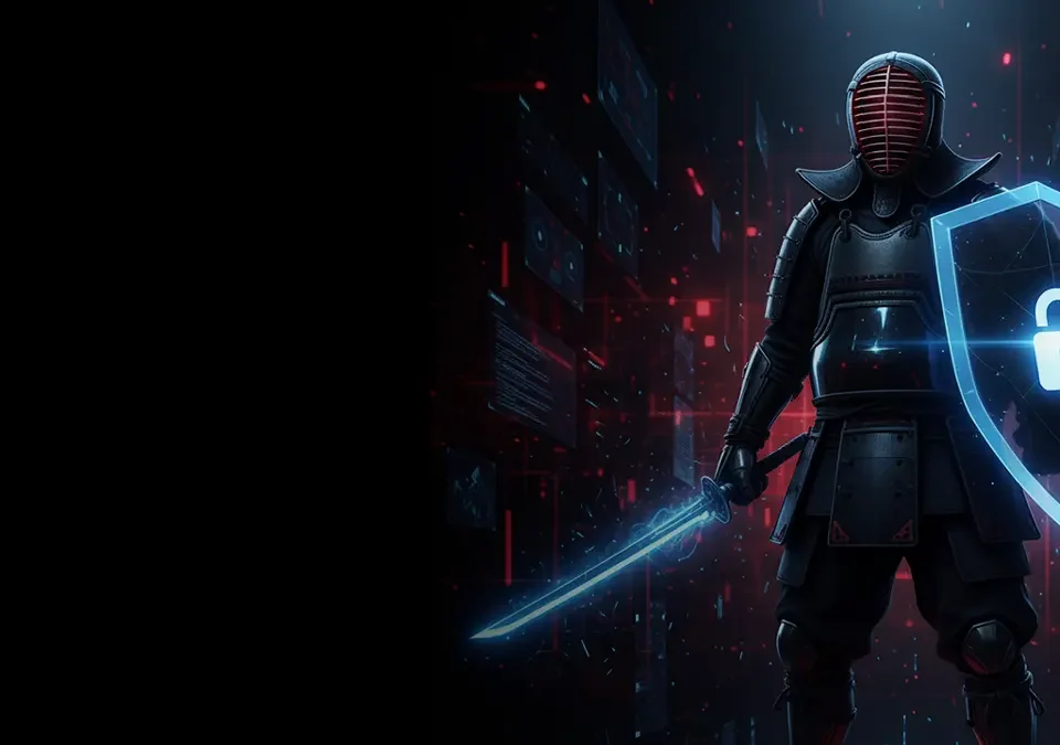 Futuristic conceptual image of a person in full Kendo Bogu armor and a business professional shaking hands in front of holographic IT metrics, SLA data, and the text Livro de Atas against a dark skyline.