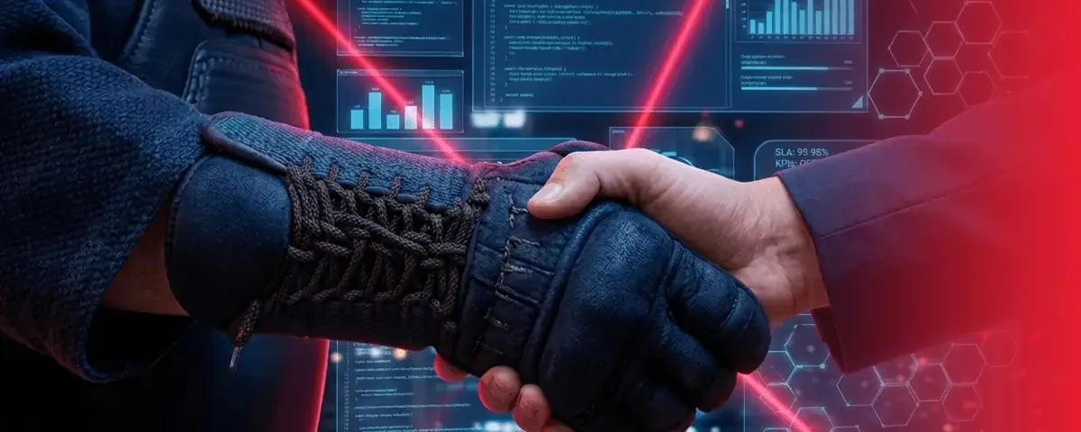 Handshake between a person in martial arts armor and a business professional, backdropped by digital screens with IT charts, code, and red laser lines.