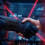 Handshake between a person in martial arts armor and a business professional, backdropped by digital screens with IT charts, code, and red laser lines.