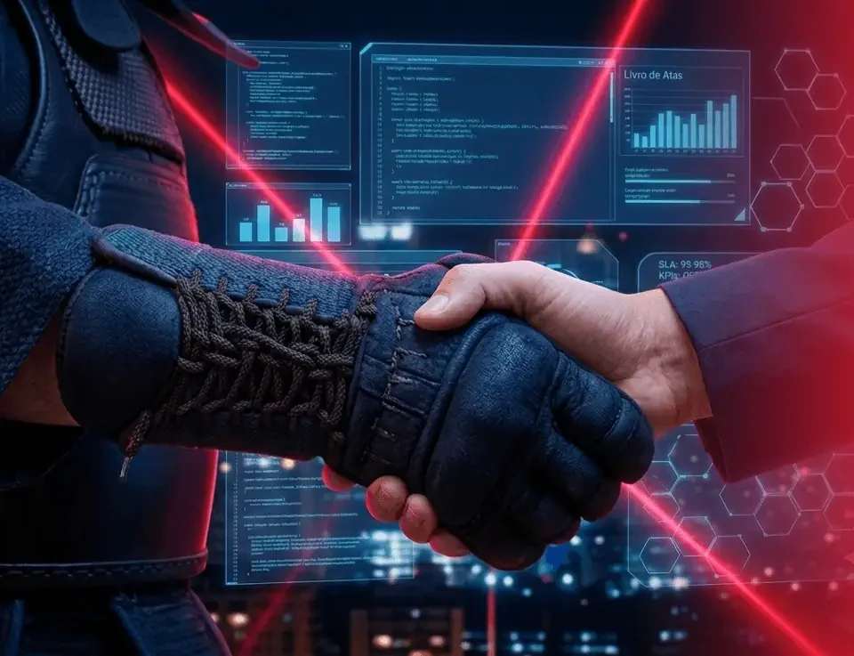Handshake between a person in martial arts armor and a business professional, backdropped by digital screens with IT charts, code, and red laser lines.