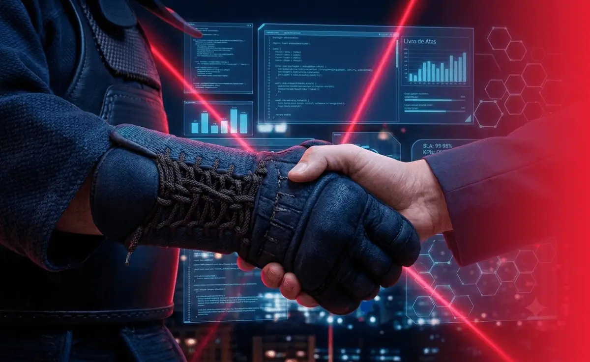 Handshake between a person in martial arts armor and a business professional, backdropped by digital screens with IT charts, code, and red laser lines.
