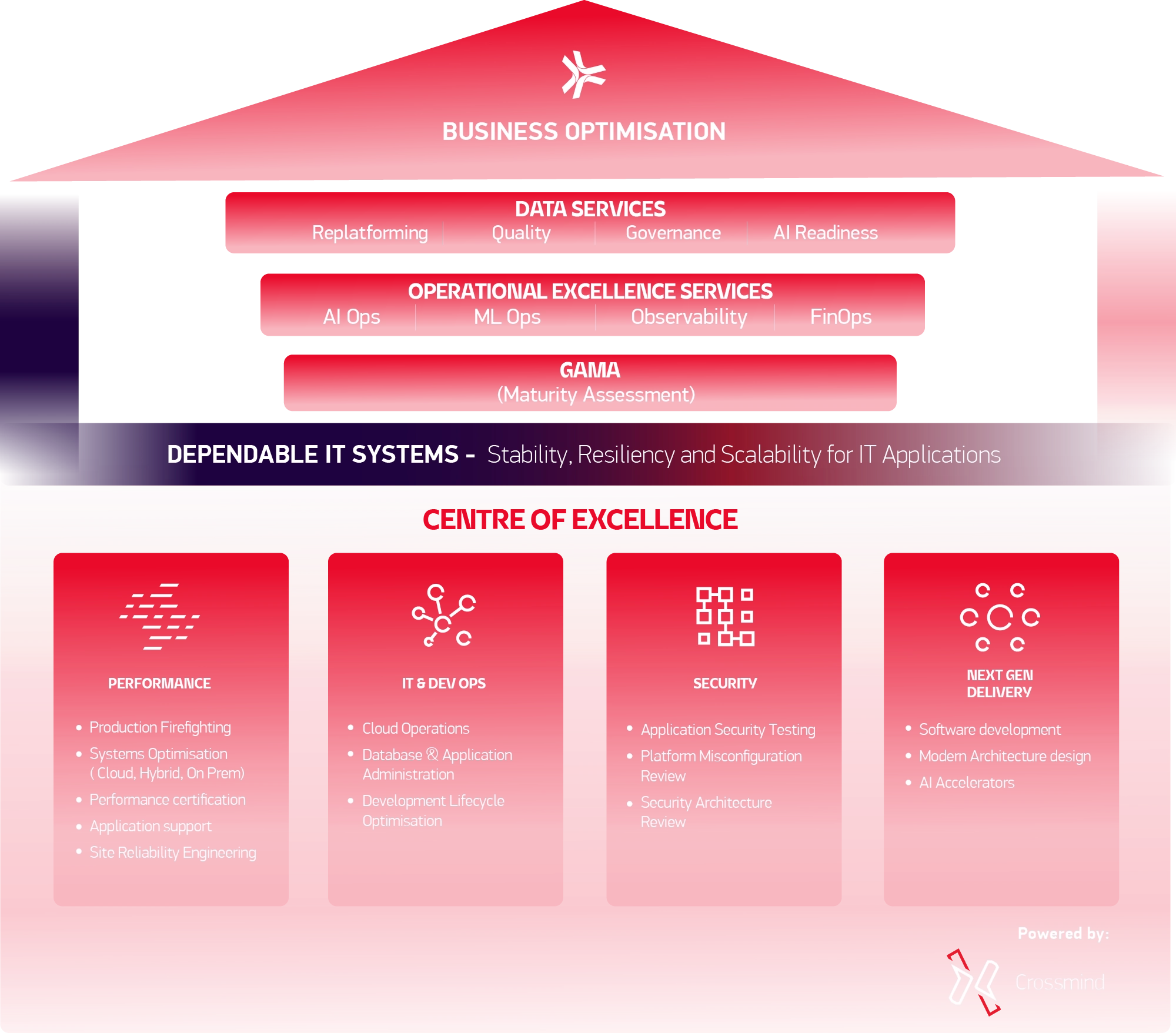 House-shaped infographic illustrating the "Business Optimisation" and "Centre of Excellence" framework, highlighting data services, operational excellence, dependable IT systems, and four core delivery pillars.