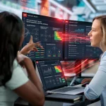 Two cybersecurity specialists analyzing an application security review and AWS cloud infrastructure dashboards for a UK multinational insurance provider