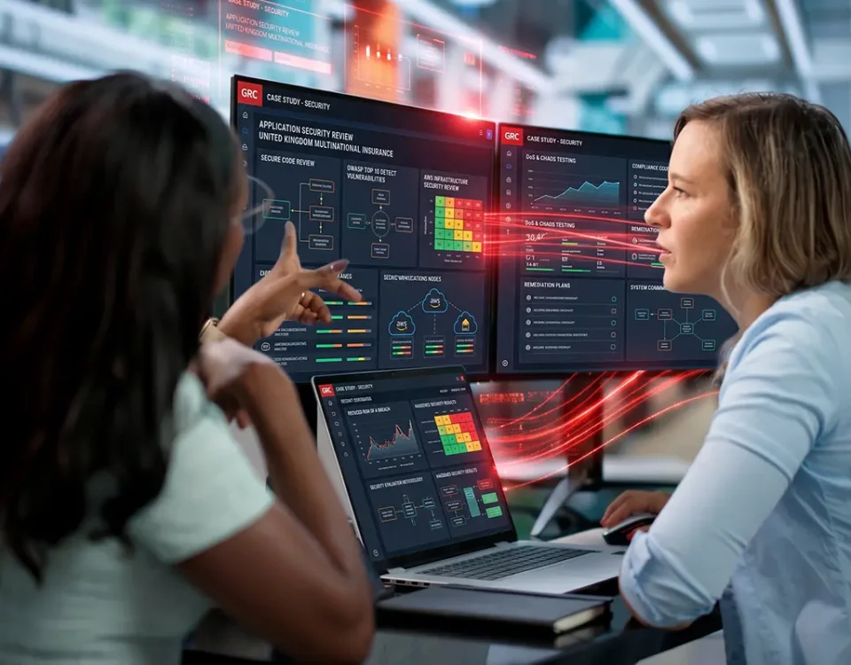 Two cybersecurity specialists analyzing an application security review and AWS cloud infrastructure dashboards for a UK multinational insurance provider