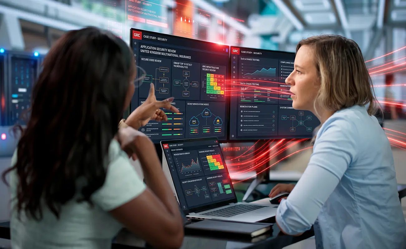 Two cybersecurity specialists analyzing an application security review and AWS cloud infrastructure dashboards for a UK multinational insurance provider