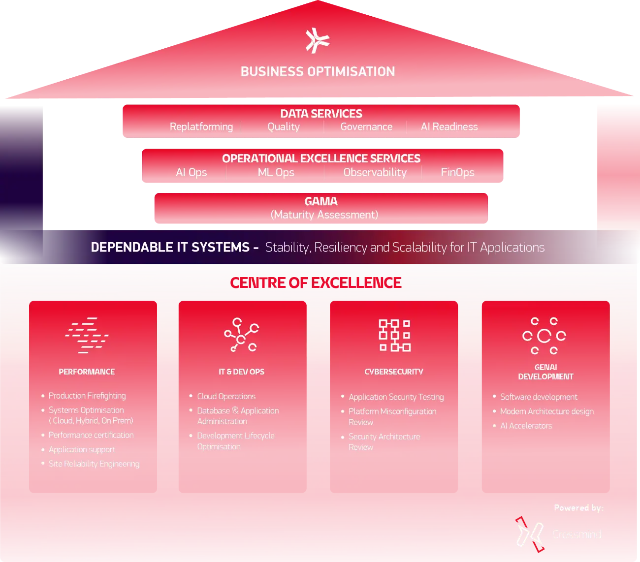 House-shaped infographic illustrating the "Business Optimisation" and "Centre of Excellence" framework, highlighting data services, operational excellence, dependable IT systems, and four core delivery pillars.
