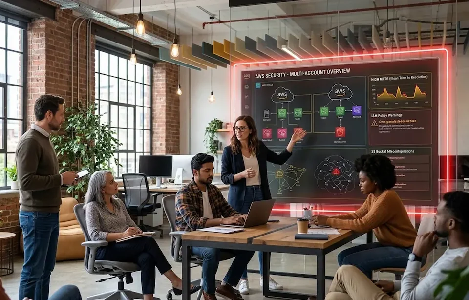engineers reviewing AWS multi-account security challenges, high MTTR metrics, and IAM policy warnings during a team strategy session.
