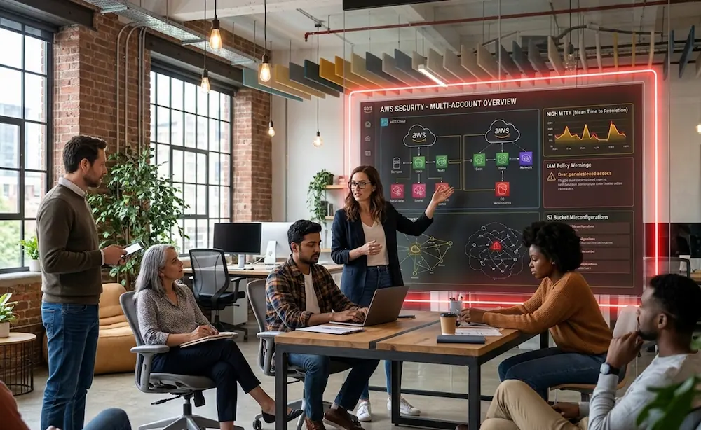 engineers reviewing AWS multi-account security challenges, high MTTR metrics, and IAM policy warnings during a team strategy session.
